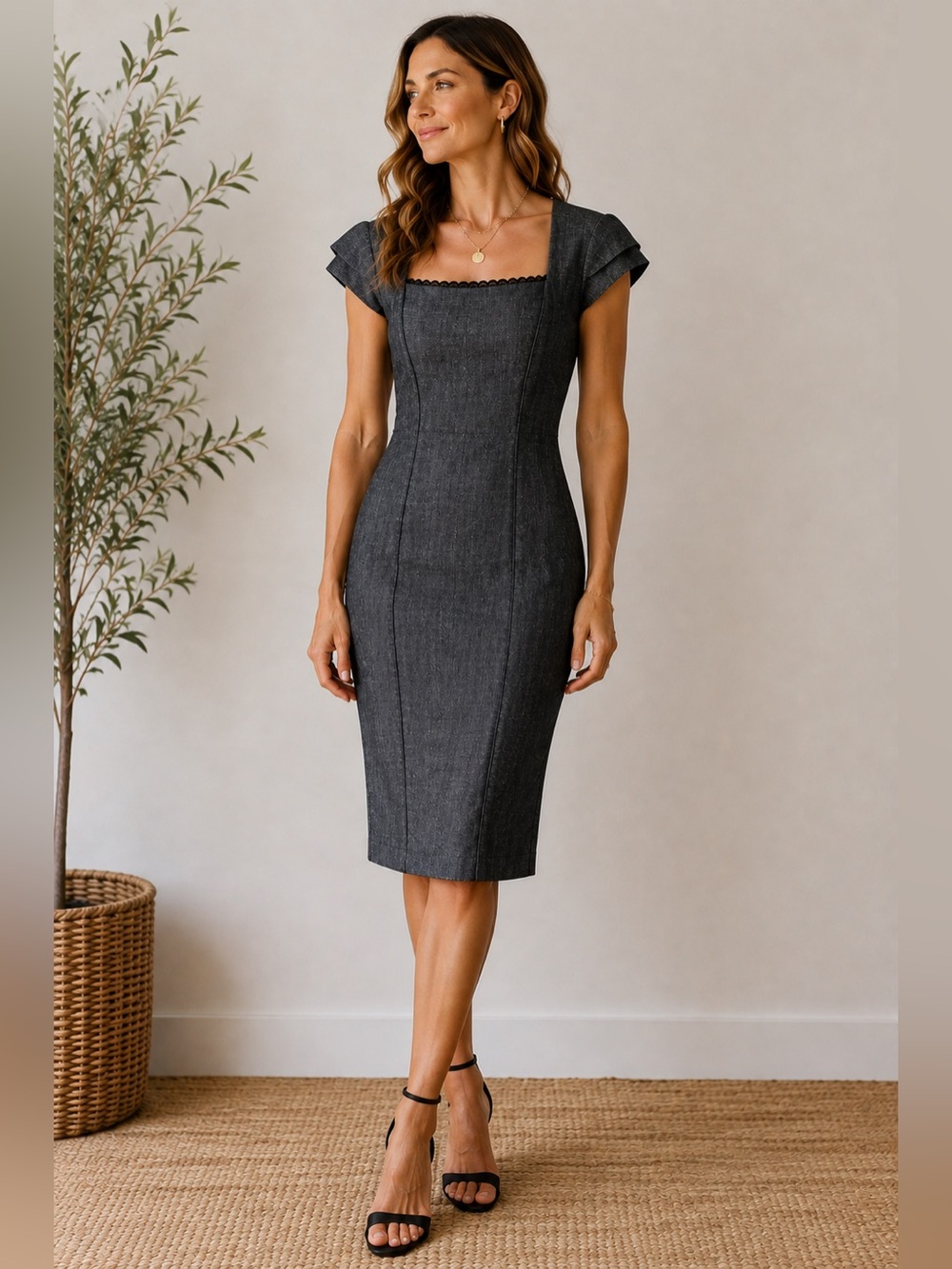 bebe Charcoal Square-Neck Midi Dress